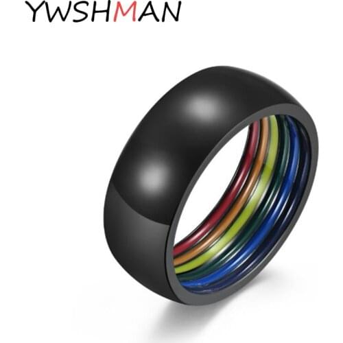 8MM Minimalist Style Stainless Steel LGBT Pride Rings for Women Men Rainbow Stripes Inside Dome Shape