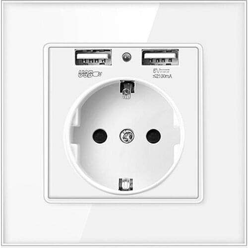 USB Electrical Socket German Standard Crystal Glass Panel Wall EU Socket Power USB Outlet AC110-250V 16A White