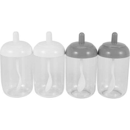 Spice Pots,Salt Sugar Spice Container,Transparent Kitchen Round Spice Jar with Lid and Spoon (2 Gray,2 White)