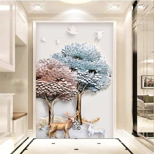 Living room lobby corridor porch wallpaper embossed fortune tree deer entrance decorative painting 3d wallpaper beibehang