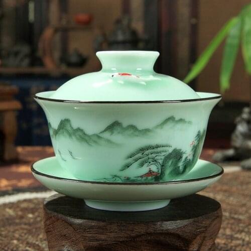 [GRANDNESS] Longquan Gaiwan Set Porcelain Tea Cup Handpainted Floral Sancai Tea Cup 170ml