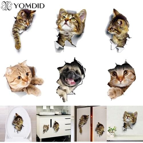 Cat Vivid 3D Smashed Switch Wall Sticker Bathroom Toilet Stickers Kitchen Decorative Decals Animals Decor Poster PVC Mural Art