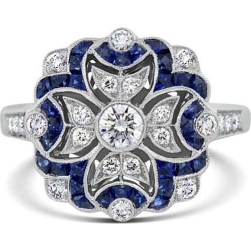 Creative Fashion Retro Blue and White Zircon Inlaid Flower Patten Engagement Ring For Women Jewelry Hand Accessories