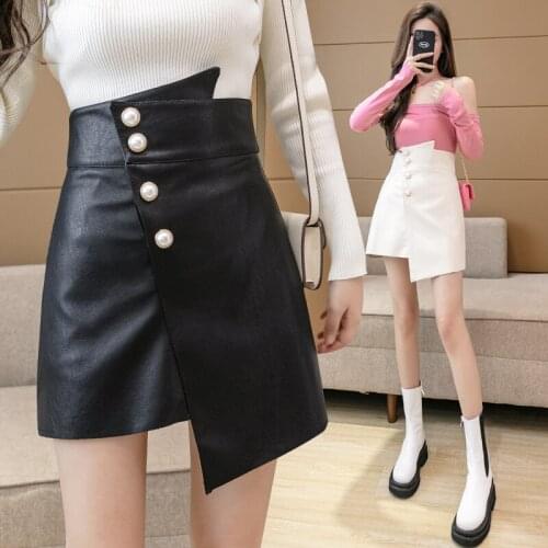2021 Autumn Winter Women Irregular Leather Mini Skirt High Waist Formal Solid Buttons Sexy Skirts Women Clothes Black White