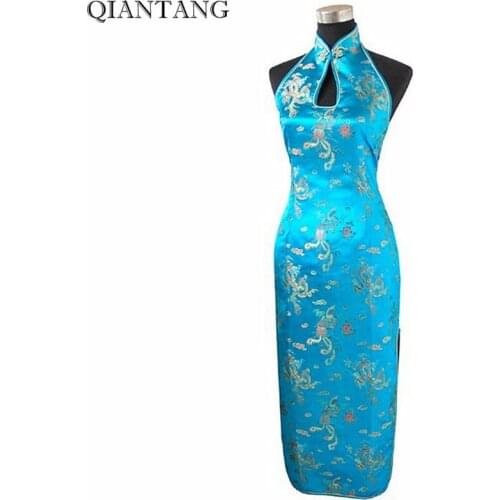 Light Blue Chinese Charming Halter Cheongsam Ladies' Vestido mujer Long Qiopao Backless Costume Dress Size M L XL XXL XXXL J3403
