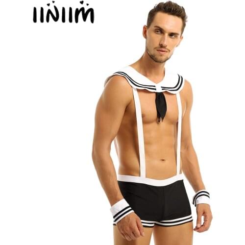Iiniim Sexy Mens Sailor Costumes Boxers Underwear Set Rave Outfits Elastic Suspenders Boxer Shorts with Collar Cuffs Clubwear
