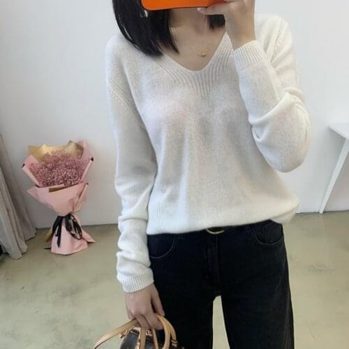 2021 New high-end cashmere sweater womens 100% woolen sweater V-neck knit full sleeves fashion all-match conventional pullover