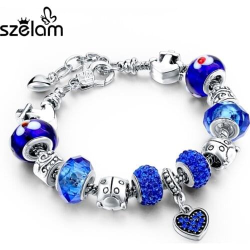 Szelam Original Silver Jewelry Charm DIY Blue Bead Bracelets & Bangles For Women Pulsera Gift SBR140670