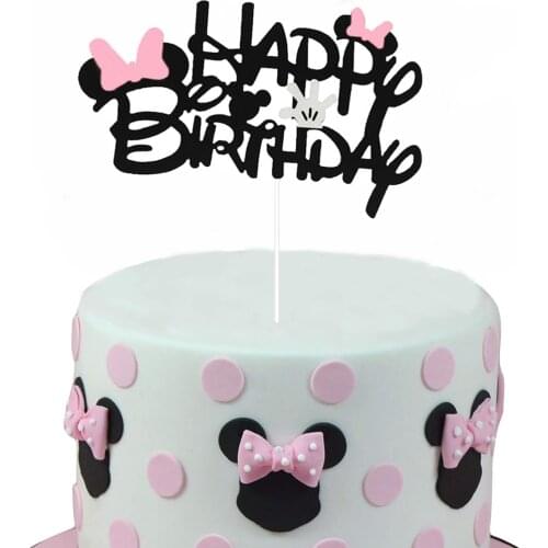 Minnie Inspired Happy birthday party topper decor girl favor cake topper with Pink Bow party decor baby girl birthday cake decor