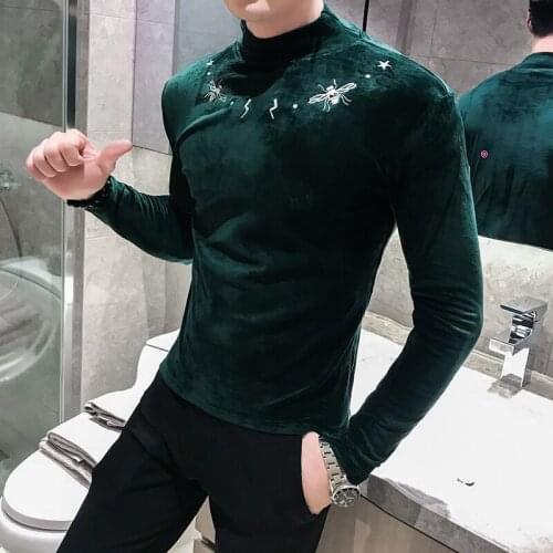 Embroidery Velvet Men Turtleneck Long Sleeve Shirts Tees Streetwear T Shirt M-3XL Tops camisas sociais de veludo
