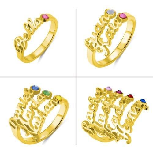 Yonney Wholesale Personalized 4 Names Ring Custom Birthstone Gift Jewelry Gold Color Ring for Women Men Baby Couples Mom Gift
