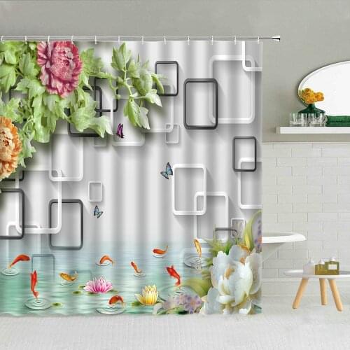 Chinese Style Flower Shower Curtain Three-Dimensional Floral Green Leaf Fish Polyester Fabric Bathroom Supplies Hanging Curtains