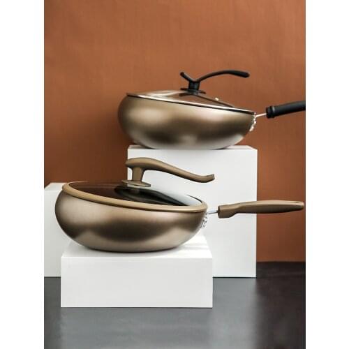 Iron Chinese wok household fly back non stick paella pan flat bottom pot electromagnetic stove gas stove cooker glass lid