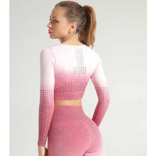 Yoga Long sleeve Women Sportwear Gradual Change Sport Top Mesh Gym Clothes Fitness Suit Workout Sport Shirt