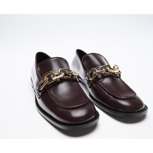 ZA Womens Leather Shoes 2021 New Loafers Chain Decoration Flat Bottom Boat Shoes