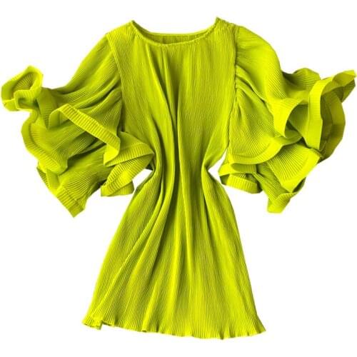 2021 New Spring Summer Women Loose Short Dress Sweet Cascading Ruffle Sleeve Solid Color Pleated Dress