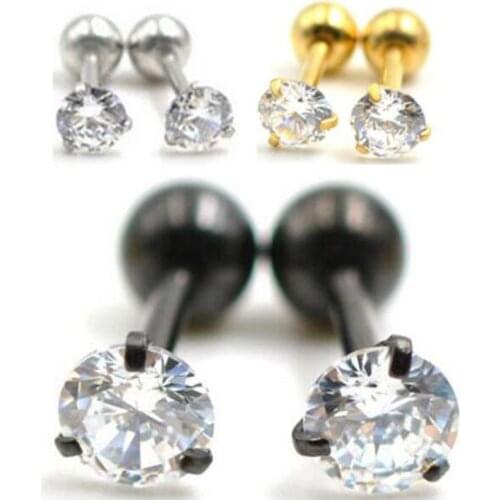 2Piece 16G 1.2x6x3mm Clear Round Star Cubic Zirconia Prong Tragus Ear Piercing Jewelry Square Zircon Stainless Steel Earrings