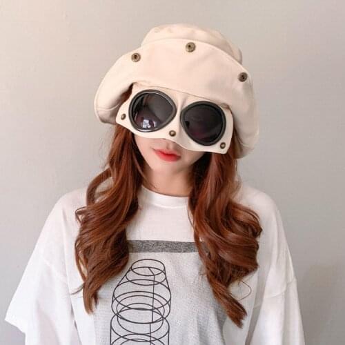 2021 Fashion Unisex Cotton Women Men Bucket Cap with Sunglasses Sunscreen Pilot Fisherman Hat Female
