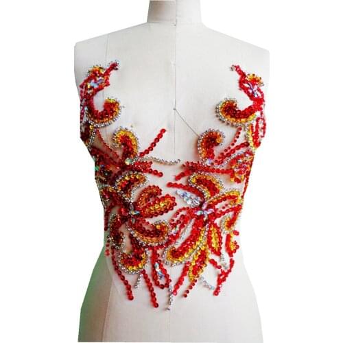 A69 Pure hand made dazzling red/golden/clear AB colour sew on Rhinestones applique crystals patches 36*32cm DIY dress accessory