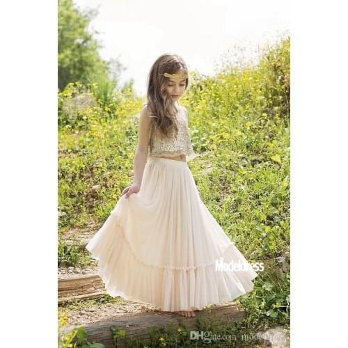 Two Pieces Boho Country For Beach Weddings 2018 Sequined Floor Length Child Formal Wear First Communication