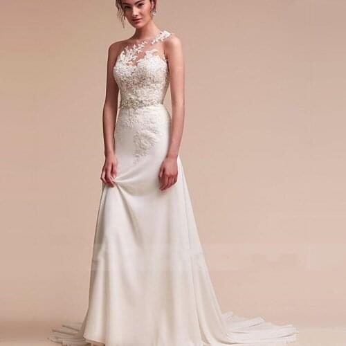 O Neckline Sheath/Column Wedding Dress With Beaded Lace Appliques Beading Sash Long Bridal Dress Chiffon Vestido De Noiva