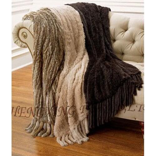 CX-D-20 Home Decorative Sofa Warm Rabbit Fur Knit Throw With Fur Trim