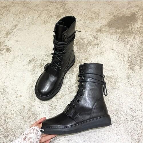 Fornihapfirafs Black Soft Leather Women Lace Up Ankle Boots Belt Buckle Flats Platforms Strappy Bota Cool Women Motorcycle Boots
