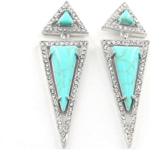 FYJS Unique Silver Plated Long Polygon Shape with Rhinestone Stud Earrings Green Turquoises Stone Jewelry