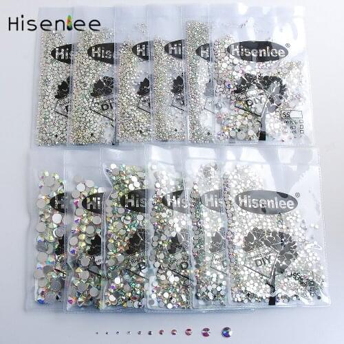 Hisenlee Top quality SS3-SS50 Clear Crystal White AB 3D Nail Art Decoration Rhinestone Silver Flat back Rhinestones Glitter Gems