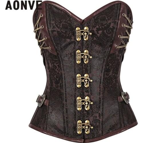 Aonve Brown Steampunk Corset Tops Vintage Sexy Bustiers Steel Bones Gothic Fashion Clothing Lace Up Bodice