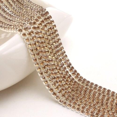 MHS.SUN 10Yard Silver Base Sew On Glass SS6 SS8 SS10 SS12 Lt Topaz Crystal Rhinestone Chain Claw For DIY Clothing Art Decoration