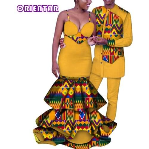 Fashion African Clothes for Couples Off Shoulder Dress and Men Suits African Print Clothes Women Long Mermaid Dress WYQ402