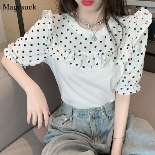 Fashion Ruffles Polka Dot Chiffon Blouse Women Korean Puff Short Sleeve Summer Tops O Neck Casual White Woman Shirt Blusas 15044