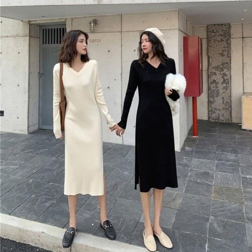 Fashion Long Sweater Dress Loose Solid Color Long Sleeve V-Neck Knit Women Maxi Dress Plus Size