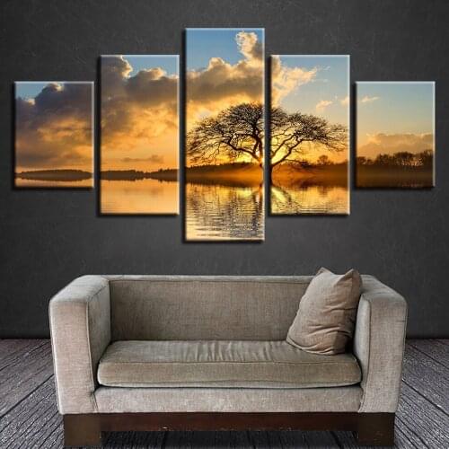 5 Panel Full Drill Square Round DIY Diamond Painting Sunset Lake Tree Landscape Diamond Embroidery Rhinestone home decor