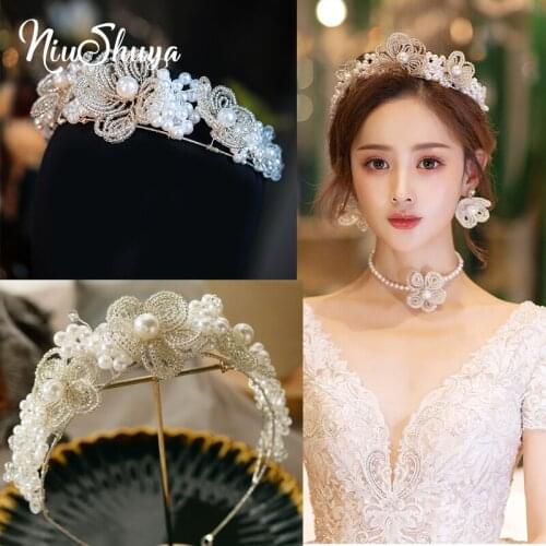 NiuShuya Handmade Flower Beaded Bridal Headdress Pearl Wedding Hair Accessories Princess Headband Crown