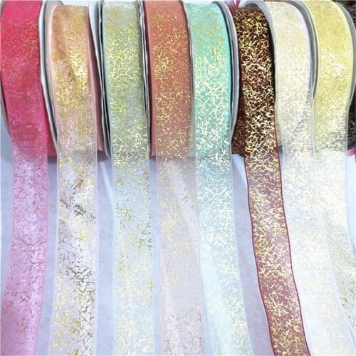 100Yards 25mm New Gilded Ribbon Snow Printed Ribbon Handmade Headdress Material DIY Accessories Transparent Snow Gauze 442