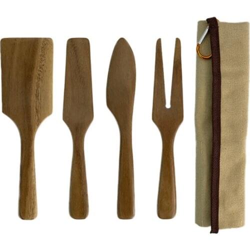 NEW-Camping Picnic Portable Wooden Shovel Dinner Knife Fork Wooden Kitchenware Set Outdoor BBQ Supplies