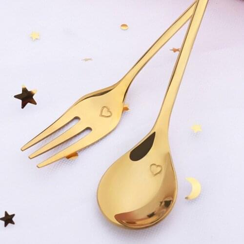 Christmas Cute Crown Heart Shaped Small Spoon Coffee Spoon Fork Fruit Fork With Hand Gift Titanium Gold Leaves Spoon Fork