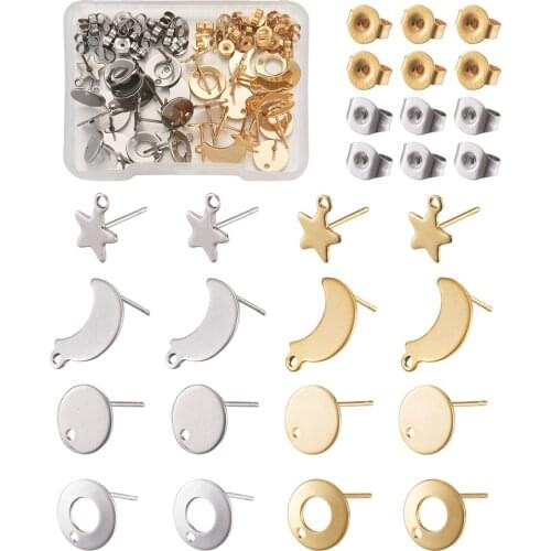 1 Box 304 Stainless Steel Stud Earring Accessories with Loop and Ear Nuts/Earring Backs, Mixed Shapes, Mixed Color, Golden