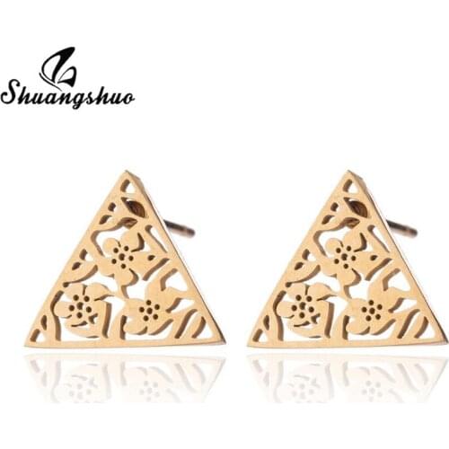 Shuangshuo New Arrival Origami Triangle Shape Gold Color Stainless Steel Stud Earrings for Women Men Ear piercing Jewelry