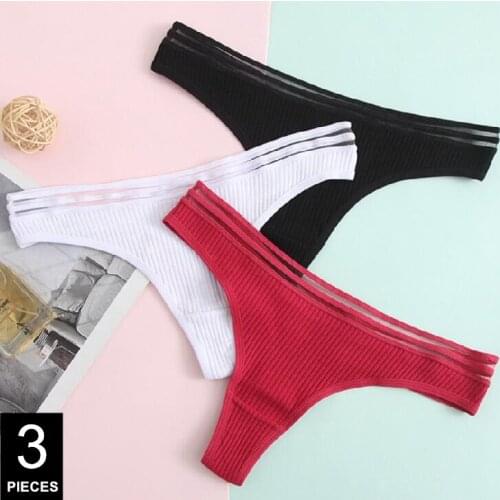 3 Pcs Ladies Sexy Thong Transparent Belt Solid Cotton G-string Womens Sexy Low-waist Underwear S-XL