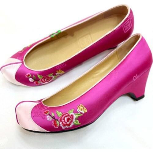 5cm High-heel Embroidered Shoes Traditional Hanbok Accessories Open Wedges High-quality Rose Red Peony Embroidery Women Shoes