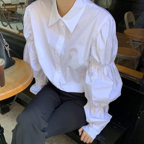 New Spring Autumn Women Casual Shirts Puff Sleeve Solid White Shirt Tops Office Lady Turn-down Collar Long Sleeve Office Blouses