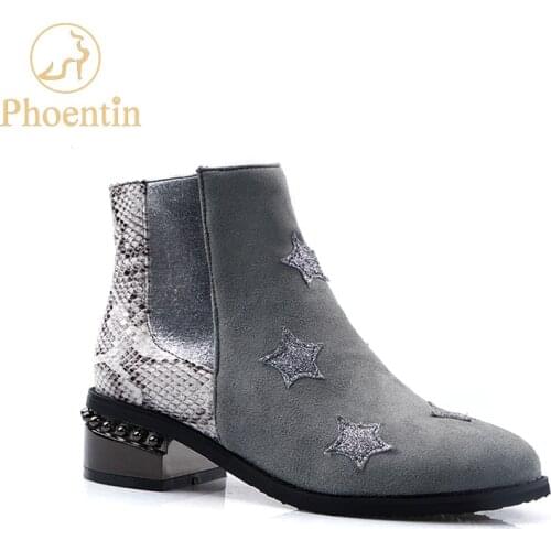 Phoentin mid heel ankle boots woman snake print patchwork shoes zipper gray color five angle stars appliques boot black FT778