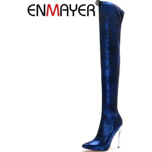 ENMAYER Wholesale over the knee boots women high heel slim thigh high boots blue knee tall boots Big size34-43 Pointed toe CR716