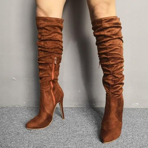 ASHIOFU New Arrival Ladies High Heel Boots Pleated Faux-suede Leather Knee Boots Club Party Evening Sexy Fashion Boots Shoes