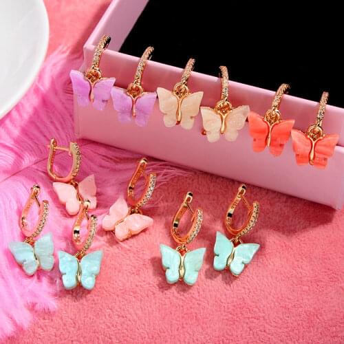 Flatfoosie CZ Cherry Butterfly Heart Oval Drop Earring For Women Elegant Gold Color Earring New Fashion Temperament Jewelry Gift