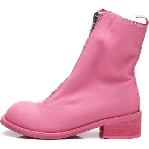 Brand Pink Motorcycle Boots Women Vintage Zip Thick Heel Ankle Boots Genuine Leather Cowhide High-Top Shoes Street Runway Boots