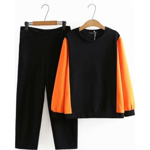 Plus size sets Women outfit autumn 2021 Casual O-Neck patchwork Womens sweatshirt sets with black pants 4XL